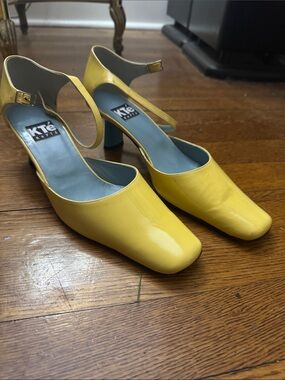 Patent Yellow Mary Jane Block Heel Pumps